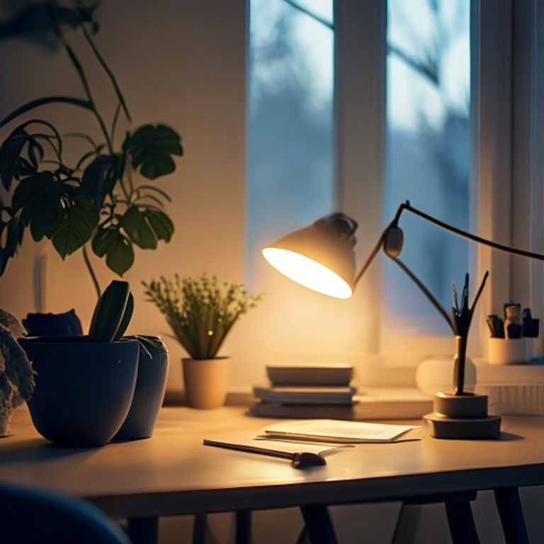 Rento työpöytä kasvilla ja loukkauksessa, ilta